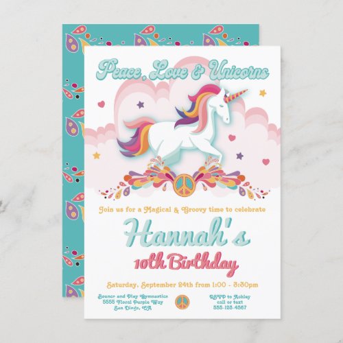 Peace Love and Unicorns Hippie BIrthday Party Invitation