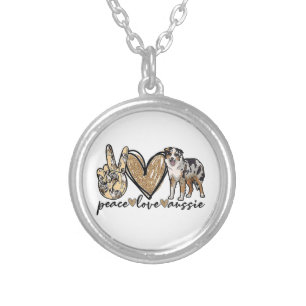Peace, Love, Aussie, Australian Shepherd Dog, Pets Silver Plated Necklace