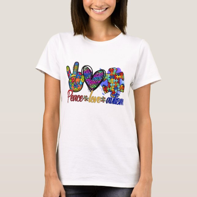 Peace Love Autism, Autism Awareness T-Shirt (Front)