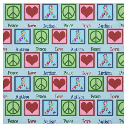 Peace Love Autism Awareness Ribbon Blue Pattern Fabric