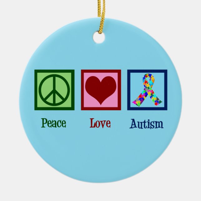 Peace Love Autism Awareness Ribbon Cute Blue Ceramic Ornament (Front)