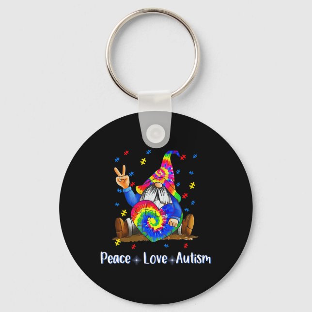 Peace Love Autism Gnome Autism Tie Dye Autism Awar Keychain (Front)