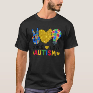 Peace Love Autism Puzzle Light Bulb Autism Awarene T-Shirt