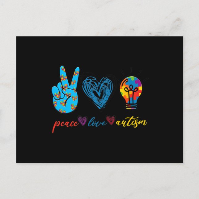 Peace Love Autism Puzzle Ribbon Autism Awareness P Postcard (Front)