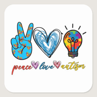 Peace Love Autism Puzzle Ribbon Autism Awareness P Square Sticker