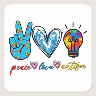 Peace Love Autism Puzzle Ribbon Autism Awareness P Square Sticker