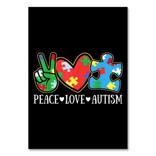 Peace Love Autism Puzzle Ribbon Autism Awareness Table Number (Front)