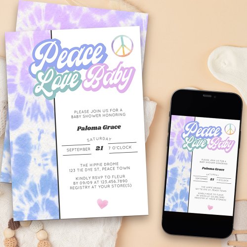 Peace Love Baby Pastel Tie Dye Baby Shower Invitation