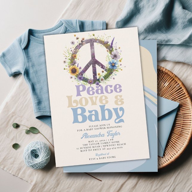 Peace Love Baby Wildflowers Retro Baby Boy Shower Invitation (peace love baby groovy hippie retro vintage boy shower invitation blue brown)