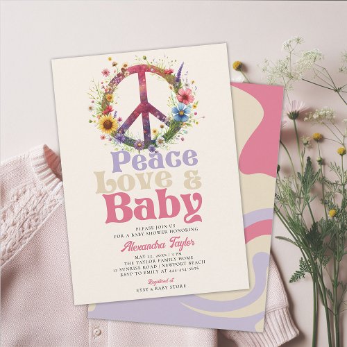 Peace Love Baby Wildflowers Retro Baby Girl Shower Invitation