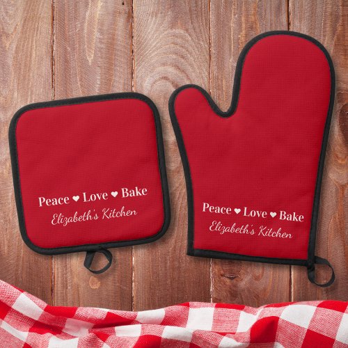 Peace Love Bake Personalized Red Oven Mitt  Pot Holder Set