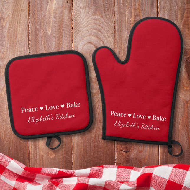 Peace Love Bake Personalized Red Oven Mitt & Pot Holder Set (Creator Uploaded)