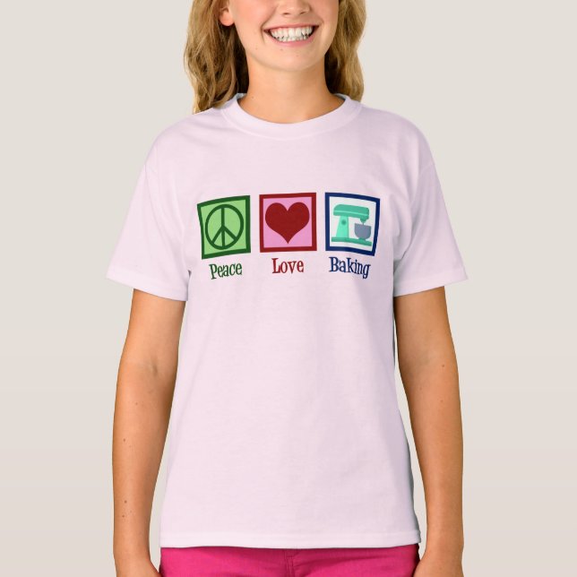 Peace Love Baking Cute Teal Stand Mixer Kids T-Shirt (Front)
