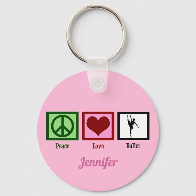 Peace Love Ballet Cute Pink Ballerina Monogram Keychain (Front)