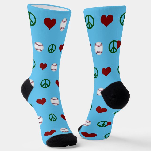 Peace Love Baseball Player Cute Blue Socks (Angled)