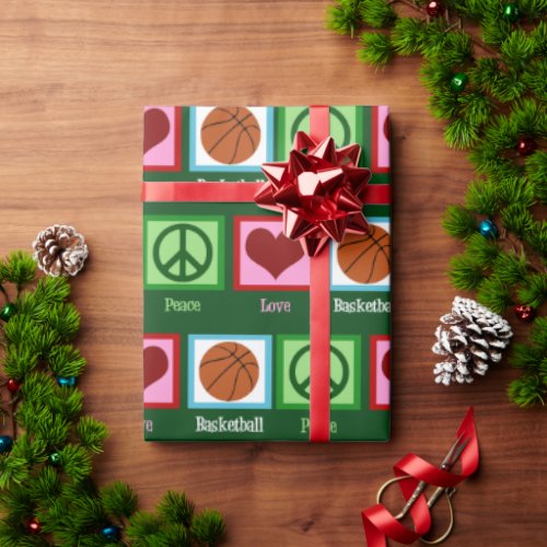 Peace Love Basketball  Cute Green Christmas Wrapping Paper