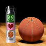 Peace Love Basketball Player Cute Personalized Water Bottle<br><div class="desc">Personalize this cute Peace Love Basketball water bottle with a player or coach name under the peace sign,  heart,  and ball. A cool sports gift for Christmas.</div>