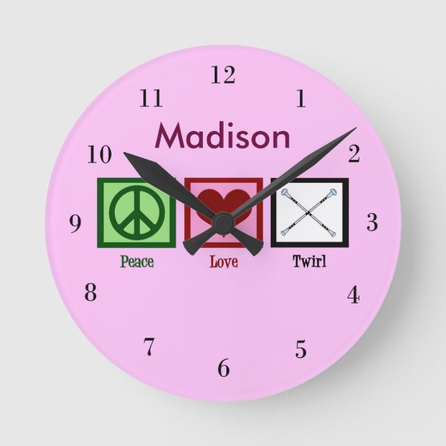 Peace Love Baton Twirling Custom Pink Round Clock (Front)