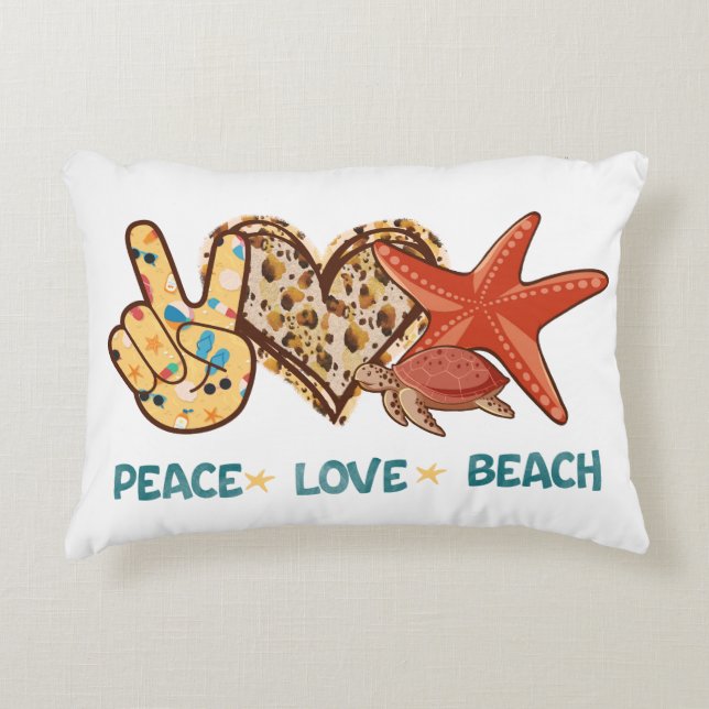 Peace, Love, Beach | Hand-Peace, Heart, Turtle Accent Pillow (Front)