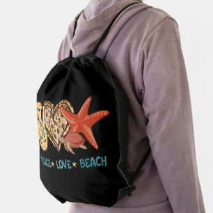 Peace, Love, Beach Hand-Peace, Heart, Turtle Drawstring Bag