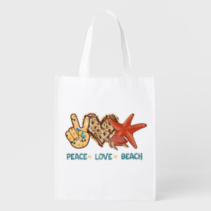 Peace, Love, Beach   Hand-Peace, Heart, Turtle Grocery Bag