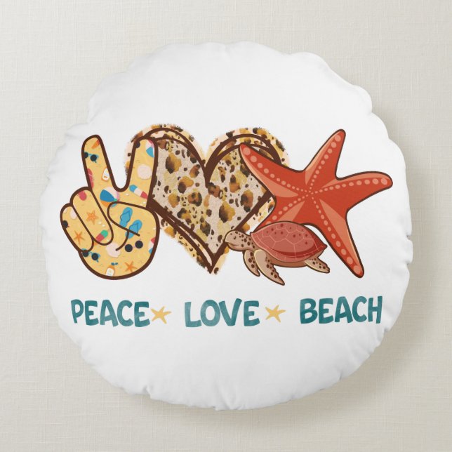 Peace, Love, Beach | Hand-Peace, Heart, Turtle Round Pillow (Front)