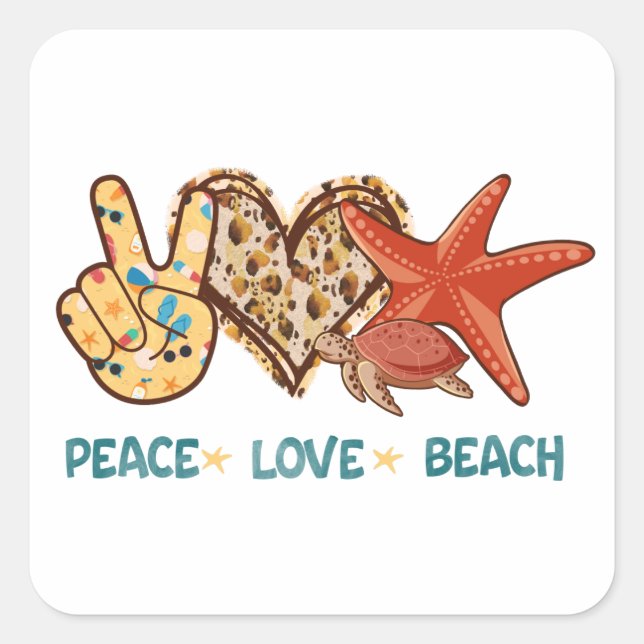 Peace, Love, Beach | Hand-Peace, Heart, Turtle Square Sticker (Front)