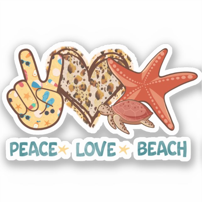 Peace, Love, Beach | Hand-Peace, Heart, Turtle Sticker (Front)