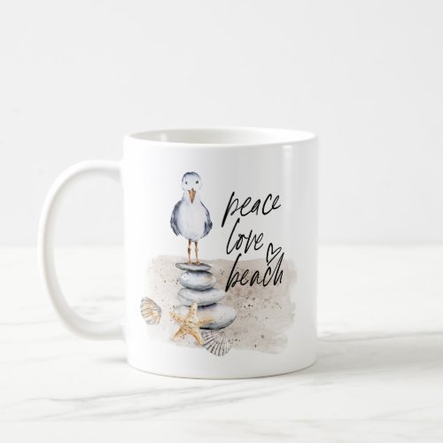 Peace Love Beach Seagull Coastal Coffee Mug