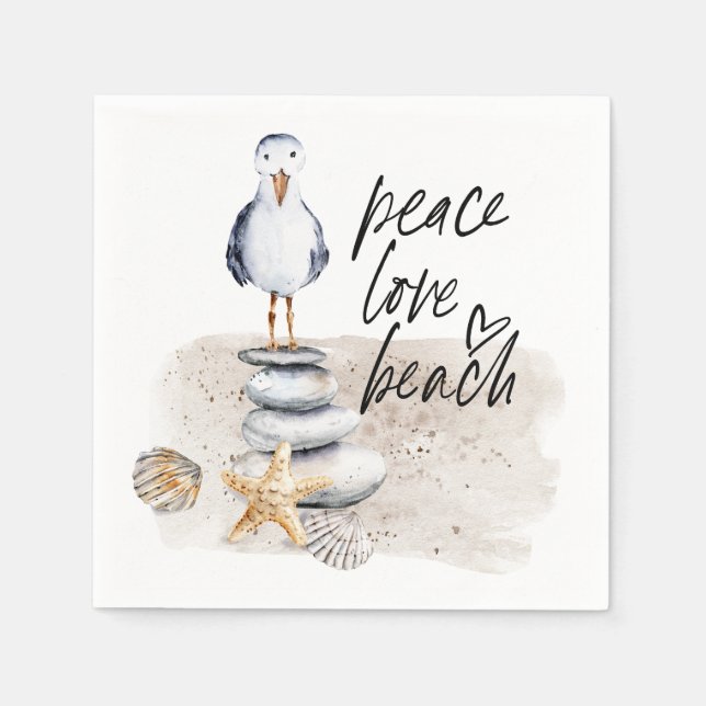 Peace Love Beach Seagull Coastal Napkins (Front)