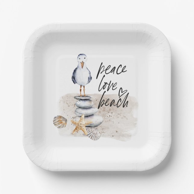 Peace Love Beach Seagull Coastal Paper Plates (Front)