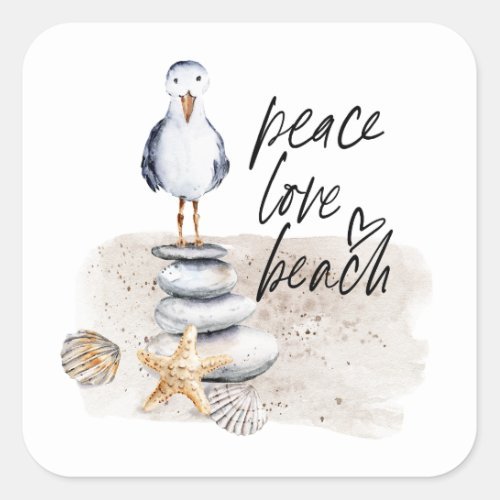 Peace Love Beach Seagull Coastal Square Sticker