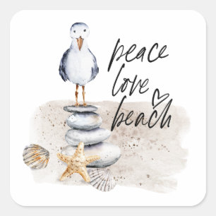 Peace Love Beach Seagull Coastal Square Sticker