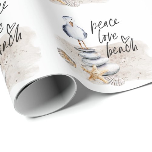 Peace Love Beach Seagull Coastal Wrapping Paper