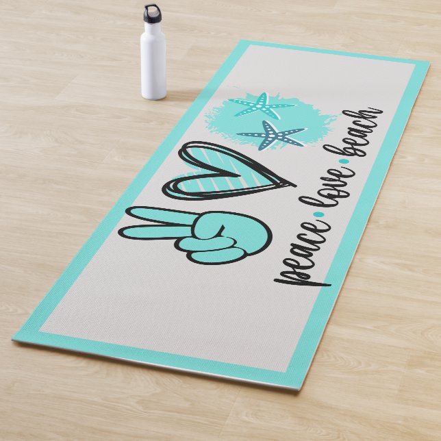 Peace Love Beach Turquoise Heart Seashell Yoga Mat (In Situ)