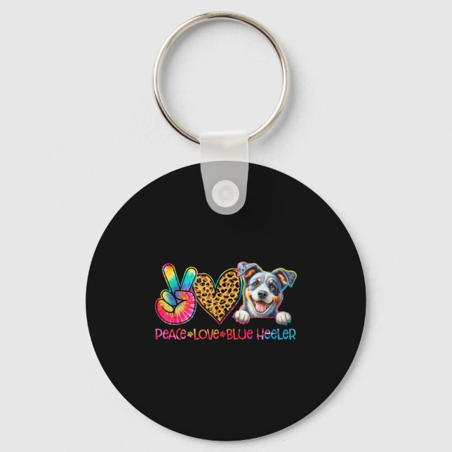 Peace Love Blue Heeler Tie Dye Dog Lover  Keychain (Front)
