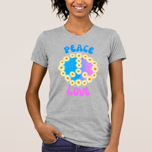 Peace Love BluePink with Daisies Retro T_shirt