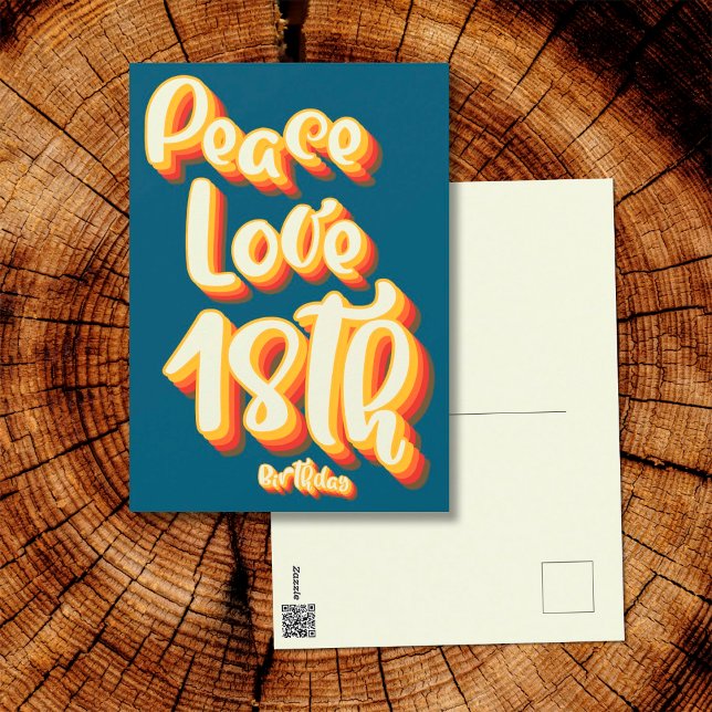Peace Love Blue Retro Groovy 18th Happy Birthday Postcard (Front and Back)