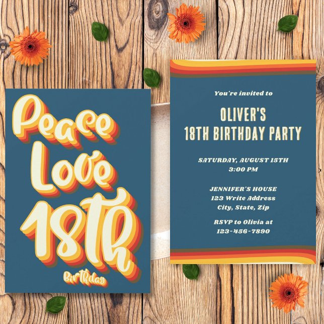Peace Love Blue Retro Groovy Sunset 18th Birthday Invitation (Front and Back)