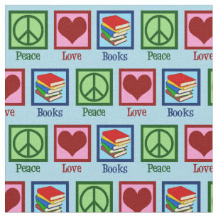 Peace Love Books Cute Blue Bookworm Fabric
