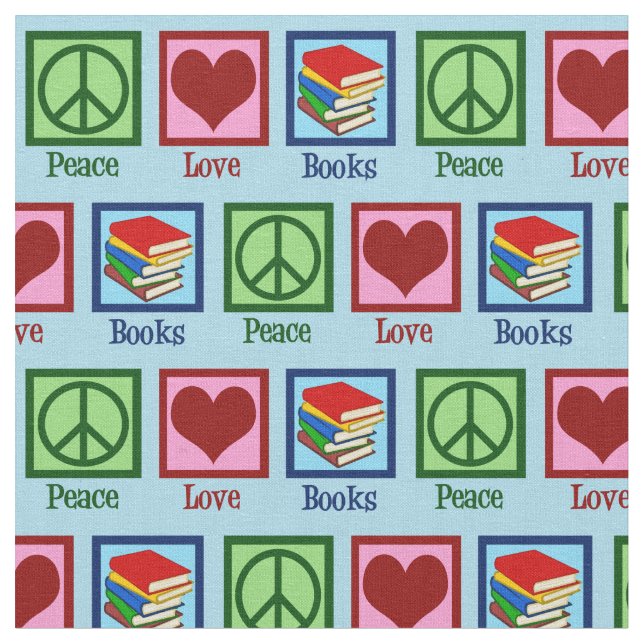 Peace Love Books Cute Blue Bookworm Fabric (Close Up)