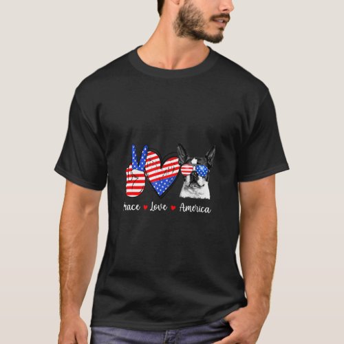 Peace Love Boston Terrier Dog America Flag  T_Shirt