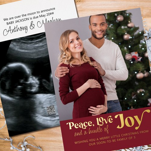 Peace Love Bundle of Joy 2 Photo Pregnancy Gold Foil Holiday Card