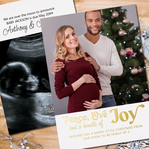 Peace Love Bundle of Joy 2 Photo Were Expecting Foil Holiday Card