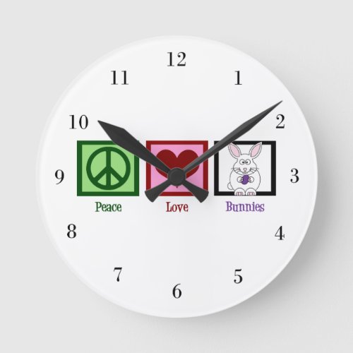 Peace Love Bunnies Round Clock