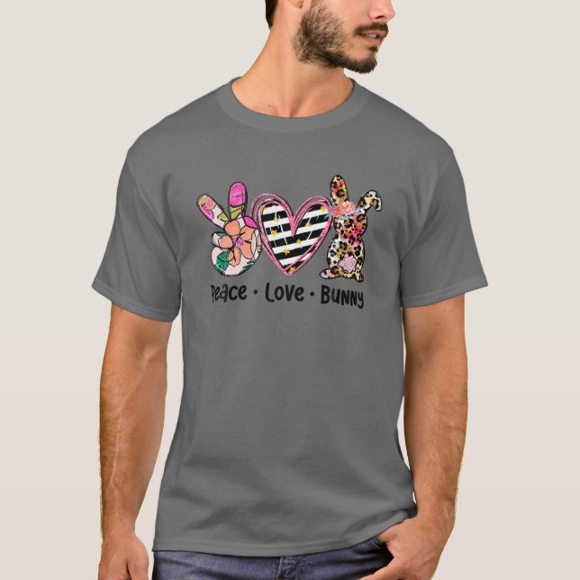 Peace Love Bunny Peace Hand Sign Hippie Easter Day T-Shirt (Front)