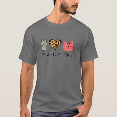 Peace Love Cats _ Leopard Heart Cat Paw Funny Cat T_Shirt