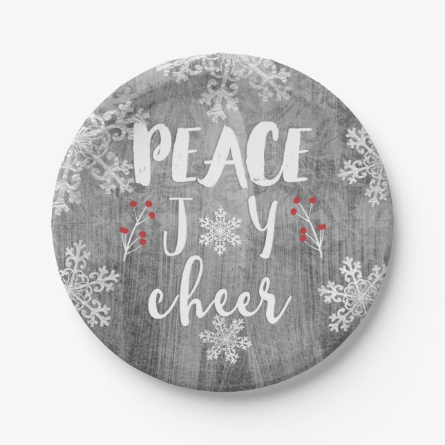 Peace Love Cheer Silver Snowflake Holiday Party Paper Plates (Front)