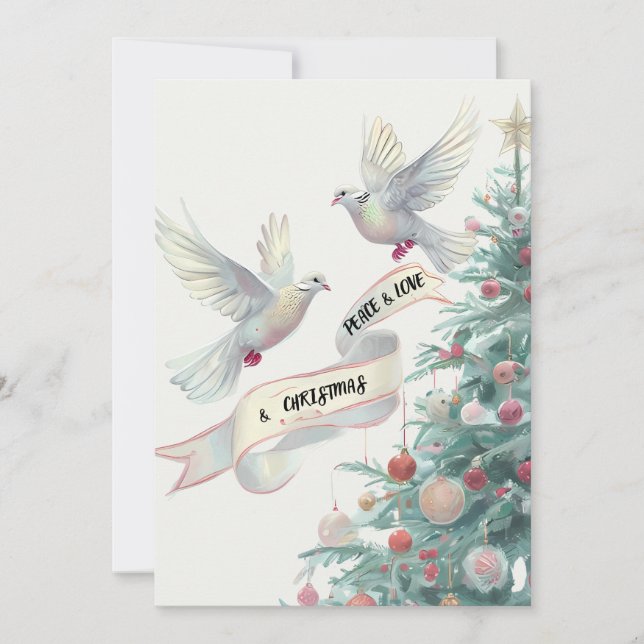 Peace, Love, & Christmas, Doves and Tree  Holiday Card (Front)