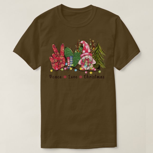 Peace Love Christmas Hearts Plaid Gnome And Tree X T-Shirt (Design Front)